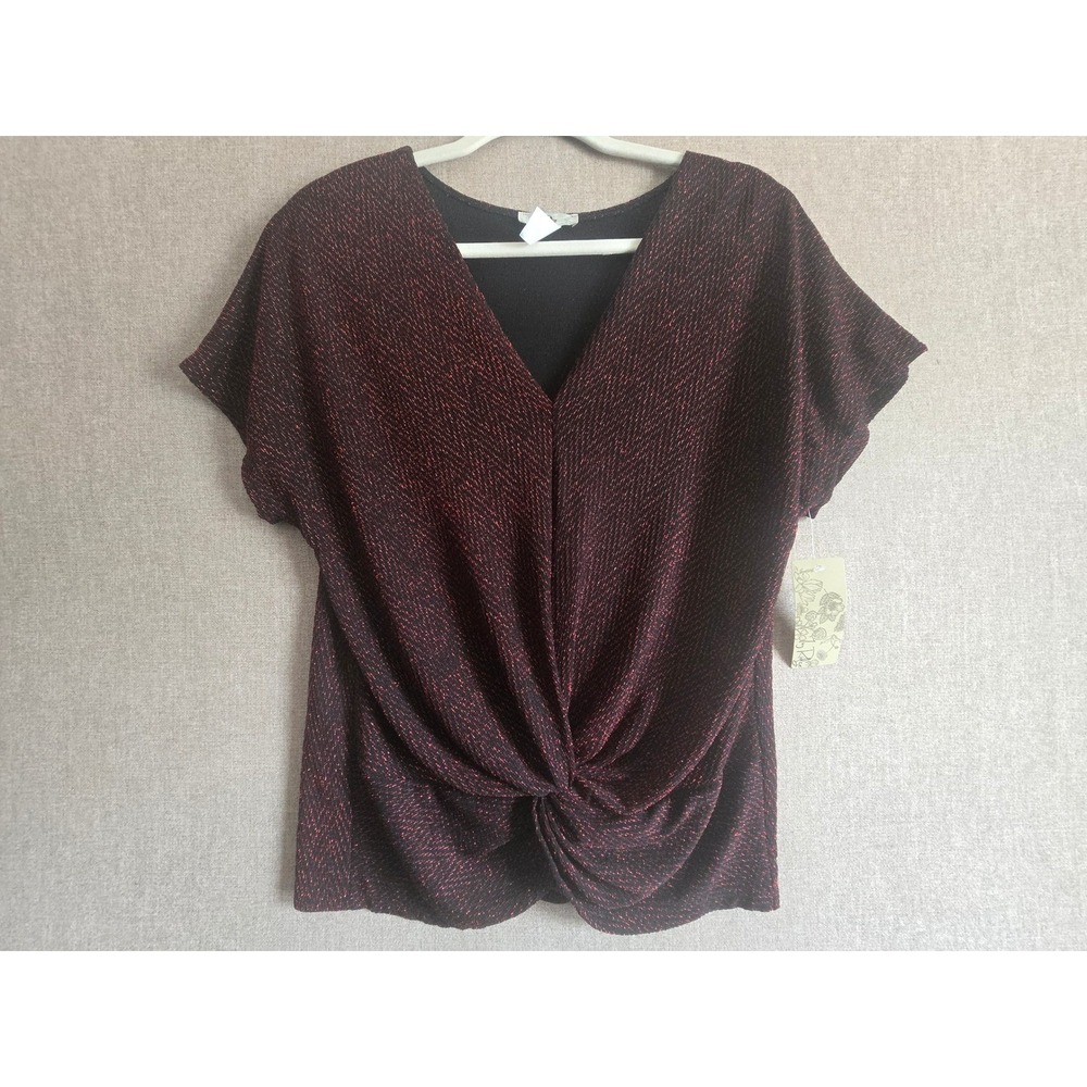 Ivy Ridge Womens V-Neck Lurex Shimmer Twist Front Top Burgundy Pink Metallic M